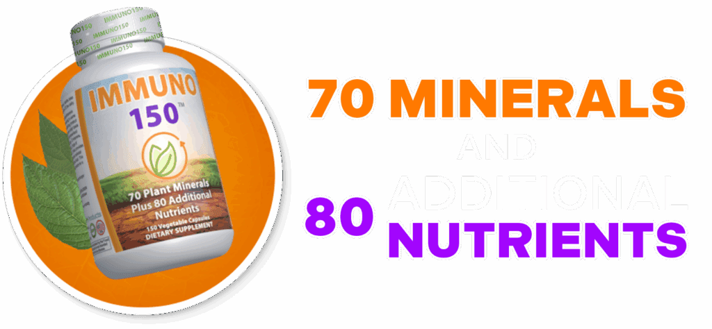 Immuno150 supplement bottle with 70 plant minerals and 80 additional nutrients for immune and energy support
